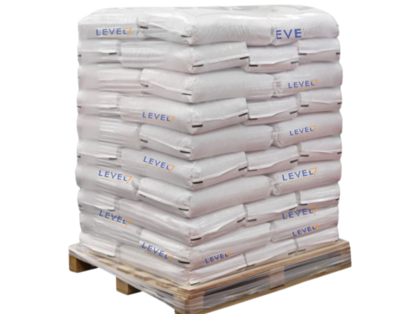 Pallet carrying multiple stacked white bags branded LEVEL7 on a wooden platform, wrapped for shipment