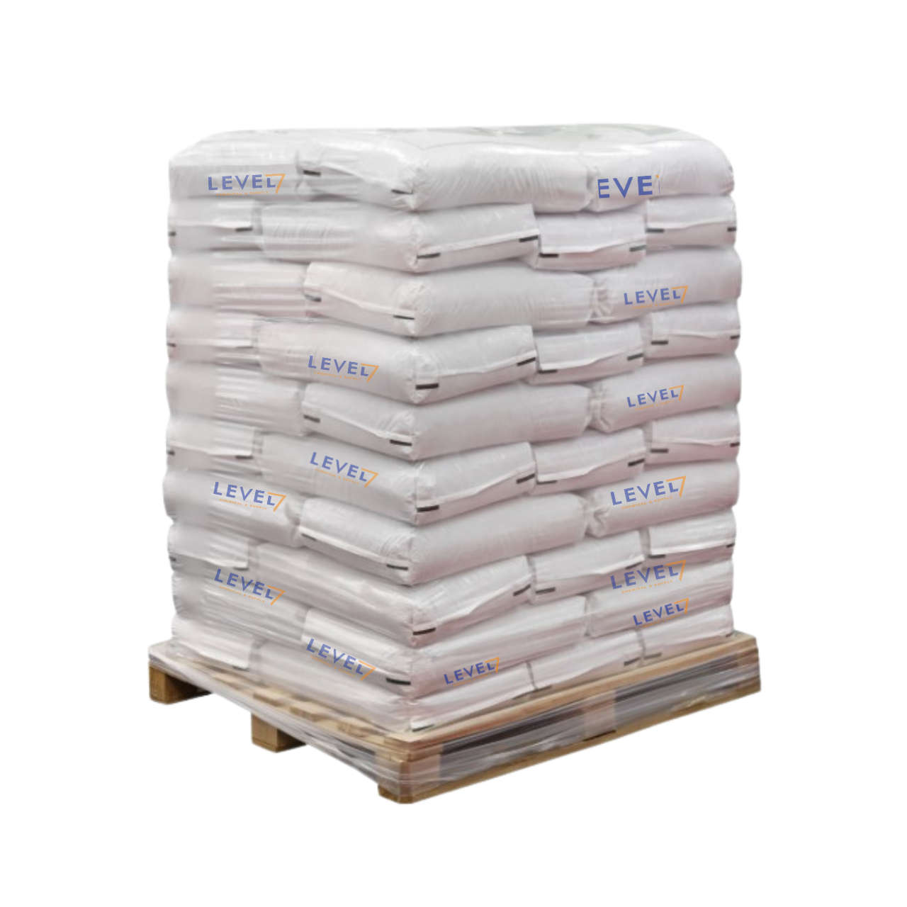 Pallet carrying multiple stacked white bags branded LEVEL7 on a wooden platform, wrapped for shipment